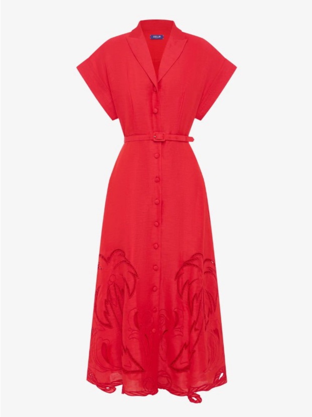 LEO LIN Audrey Red Belted Palm Embroidered Linen Shirt Midi Dress AU8/US4 NWOT - Picture 2 of 6
